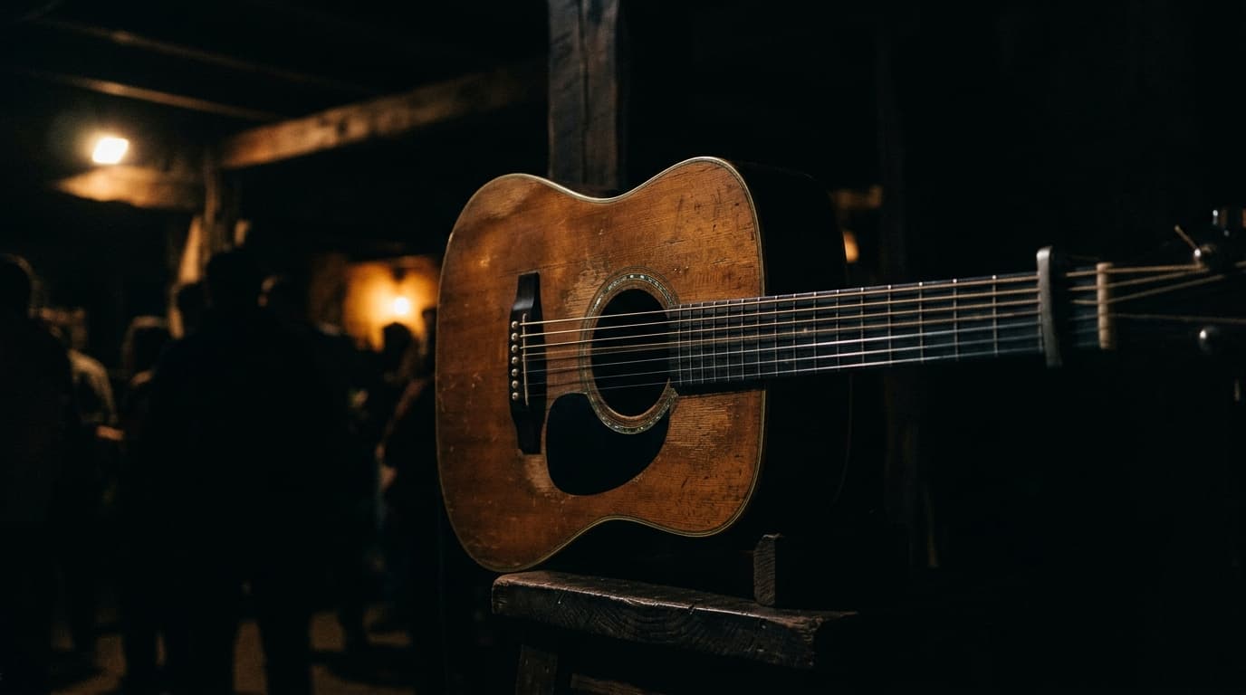 Fondo de peña folklórica con guitarras e instrumentos acústicos